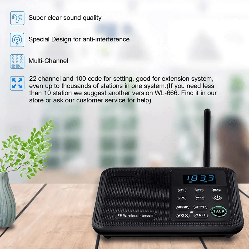 1 Mile Range 22 Channel 100 Digital Code Display Screen Wireless Intercom System for Home Business Office hotel(4Stations Black)