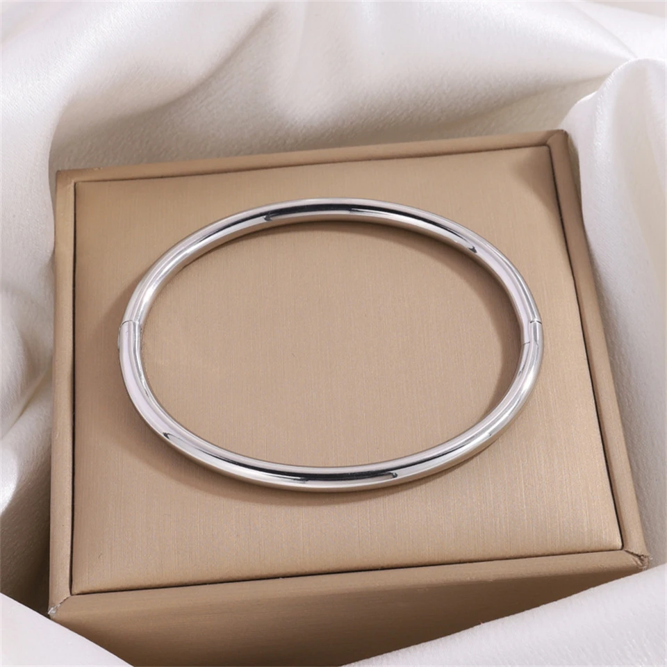 Yupsk Glossy Gold Color Stainless Steel Cuff Bangle for Women Smooth Thin Cylinder Bracelet Exquisite Waterproof Jewelry Gift image 4