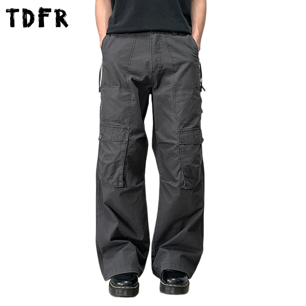 Multi-Pocket Cargo Pants Mens Zipper Decoration Solid Color Safari Style Baggy Straight Trousers Man