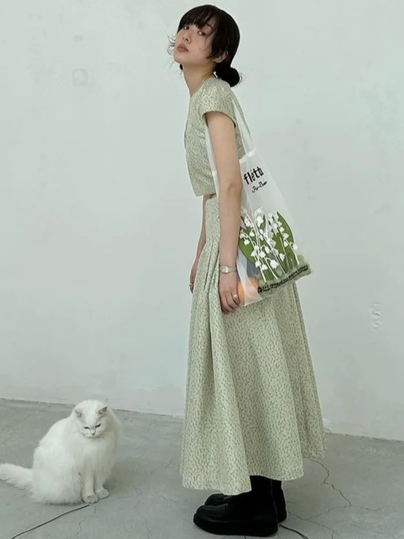 Korean Sle Sweet Floral Print Top And High Waist Long Skirt Two Piece Set Women's Faionable Clothing Commute round Ne S...