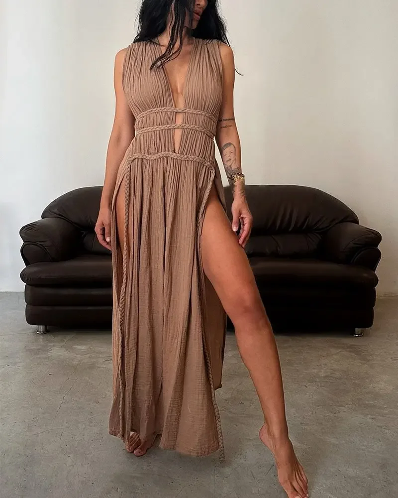 

BluWin 2025 New Summer Hollow Out Dress Women Fashion Off Shoulder Backless High Split Long Dresses Lady Beach Wear Sexy Robes