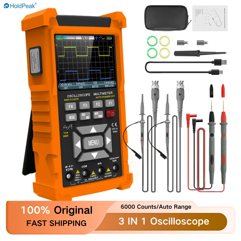 

Oscilloscope 3-in-1, 2 Channel Oscilloscope with 50 MHz Bandwidth, 280 MSa/s, TRMS 6000 Count Multimeter Signal Generator