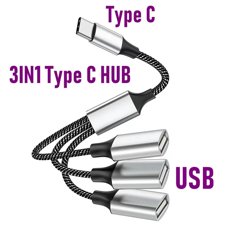 4-Port-USB-OTG-Splitterkabel Typ C Stecker auf 3 USB 2.0-Buchse Verlängerungskabel, USB-Port-Hub, Datenstrom-Split-Adapter für Notebook