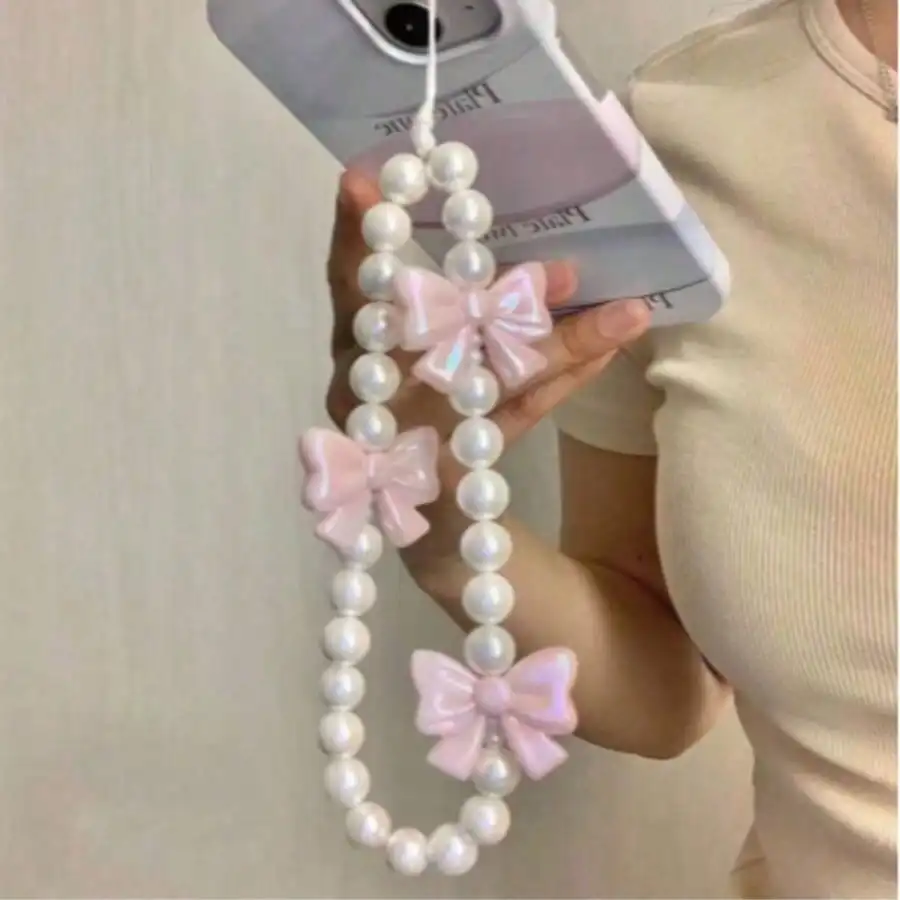 INS Butterfly Faux Pearl Beaded Phone Chain Camera Lanyard