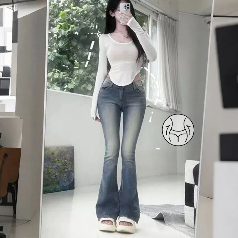 

Расклешенные джинсы с низкой талией, женские корейские джинсы с вышивкой, утягивающие длинные ноги с эффектом High Street Faion Bell Bot