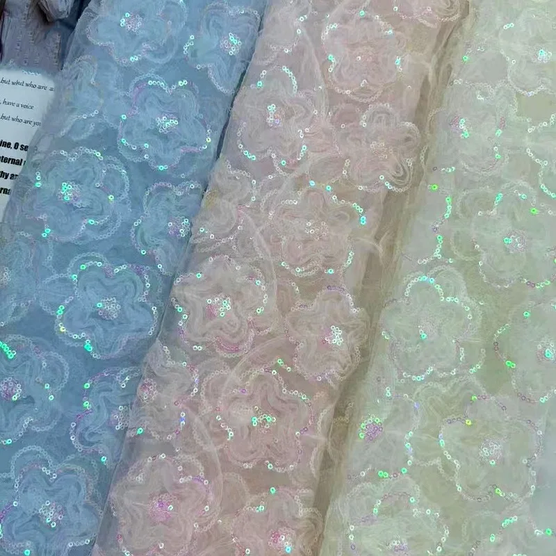 

3D Ribbon Embroidered Lace Fabric Sequins Full Lace Net Embroidered Kids Dress Material By The Yard