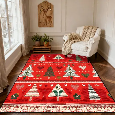 Christmas Style Red Living Room Carpet Christma Tree Decoration Bedroom Fluffy Thickened Rug Floor Mat Bedroom Bedroom Decor