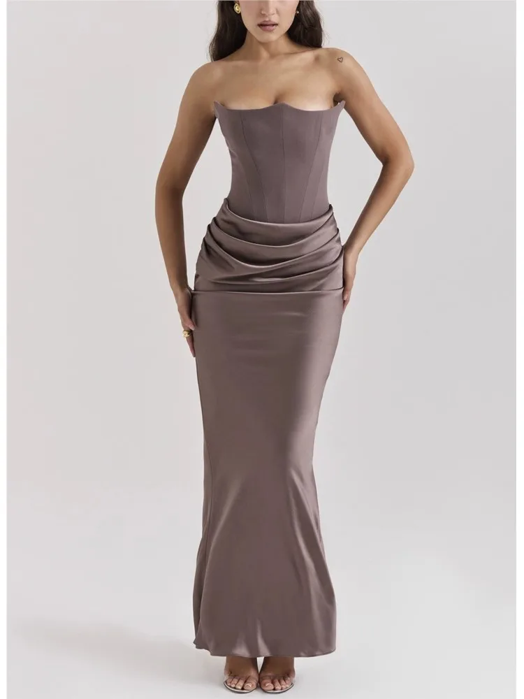 

Sexy Strapless Fishbone Pleated Long Tight Wraparound Dress Women's Fashion Bodycon Gown Female Attire Party Robe Vestidos