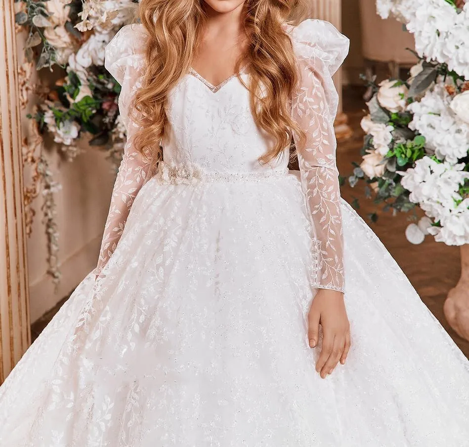 Vestidos de flores blancas de lujo para niñas, vestidos de desfile de primera comunión para bodas, Apliques de encaje de Organza esponjosa