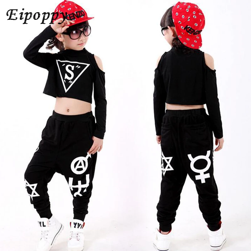 Children's dance costume ballroom party dance costume + pants children's black hip hop dance dress girl jazz  shirt