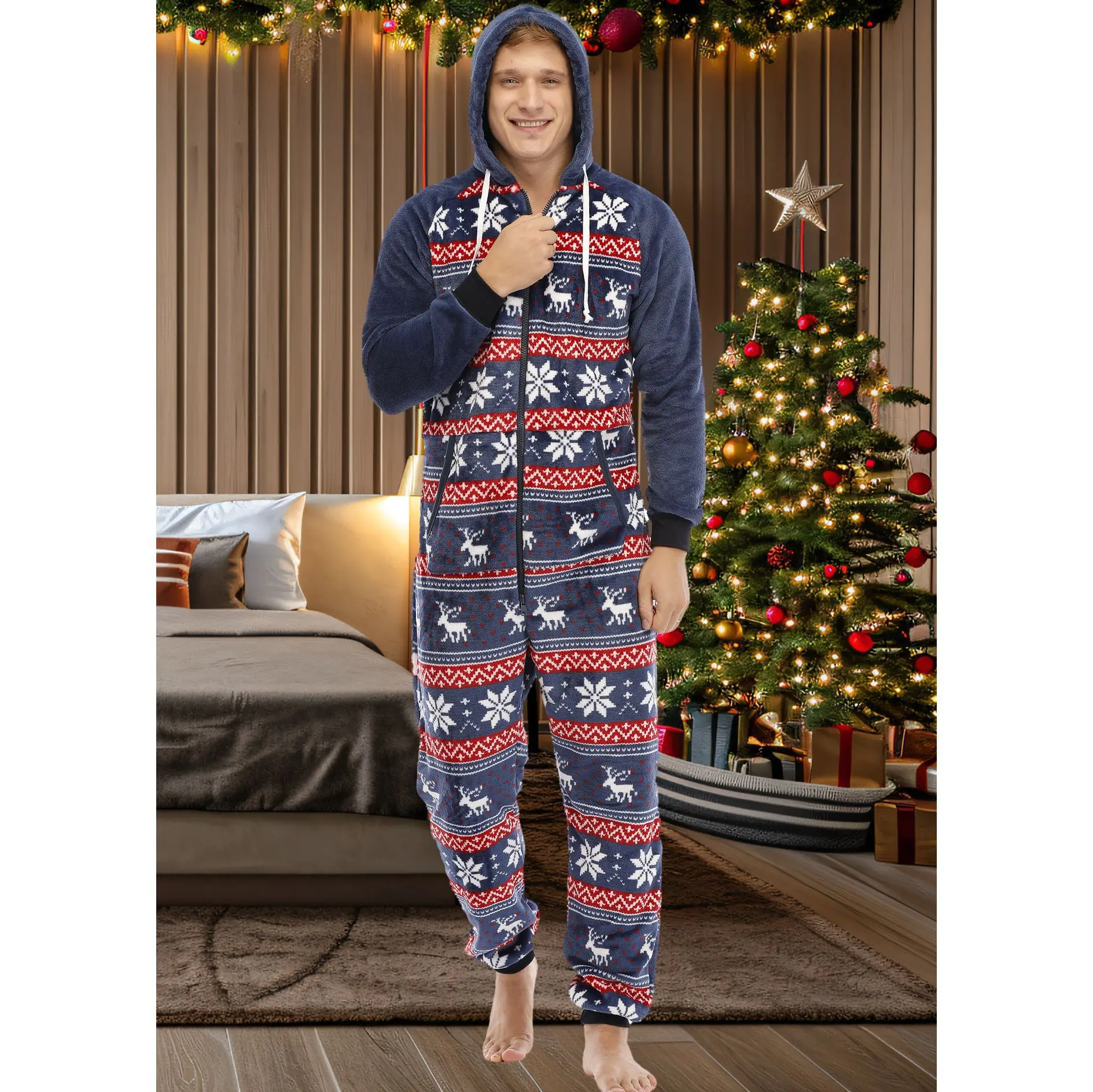 Deer Print Sleepwear Kigurumi Hooded Pajama Sets For Adult Men Pajamas Autumn Winter Warm Pyjamas Overall Suits