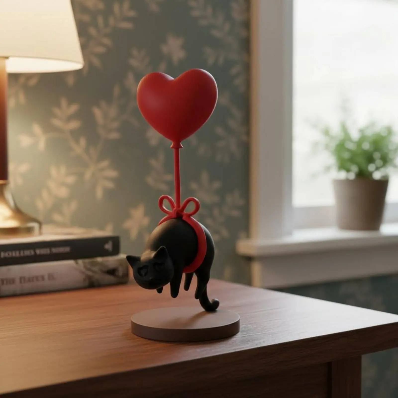 

Dark Feline Heart Balloon Statue Three-Dimensional Printed Levitating Feline Figurine Home Decoration Collectible Miniature