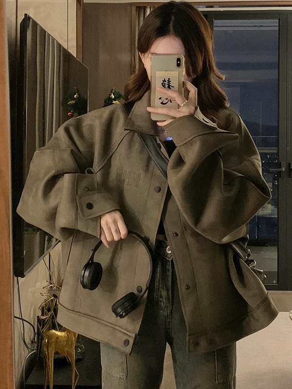 

American Retro Workwear Jacket Lapel Patchwork Design Straight-cut Loose Coat Top Women's High-grade Oversize Outerwear Autumn