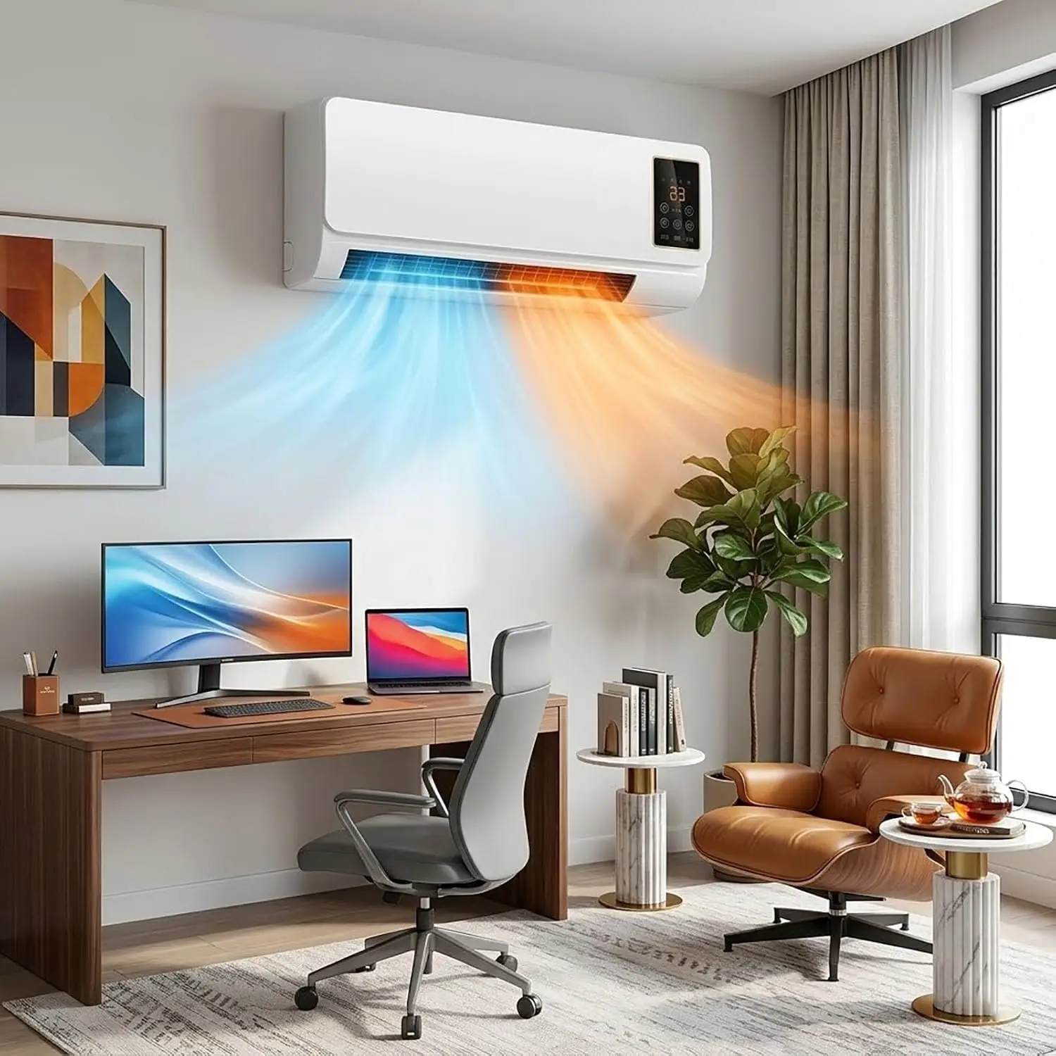 Wall Mounted Air Conditioner Fan, Smart AC Unit for Bedroom (White)| 2-in-1 Heater Cooling Combo, Ductless Mini Split Heating System, Small Portable Room AC With Remote Timer & LED Display