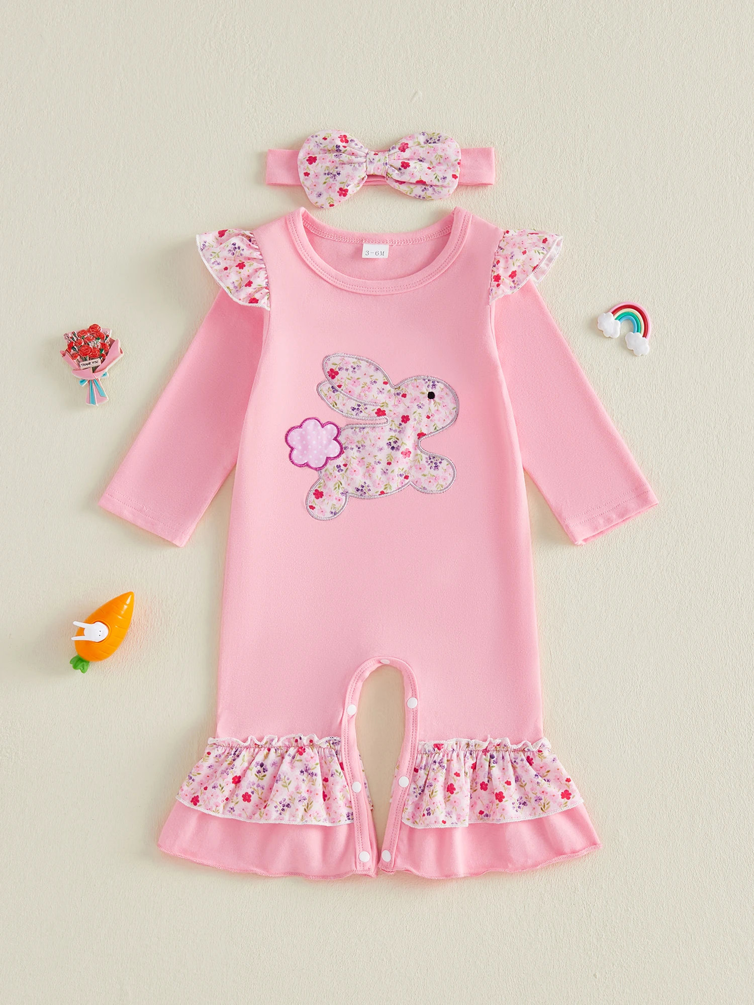 

Toddler Easter Romper with Cute Bunny Embroidery and Long Sleeves Round Neck Floral Jumpsuit for Baby Girls
