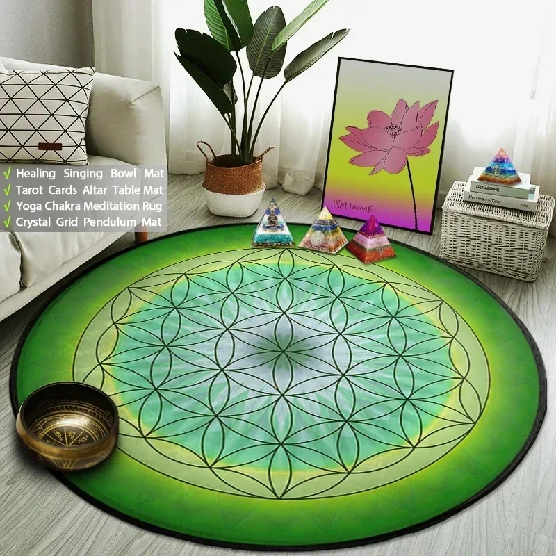 Green Purple Flower of Life Carpet Circular Non-slip Yoga Mat Meditation Reiki Healing Witchcraft Supplies Home Retro Decorate