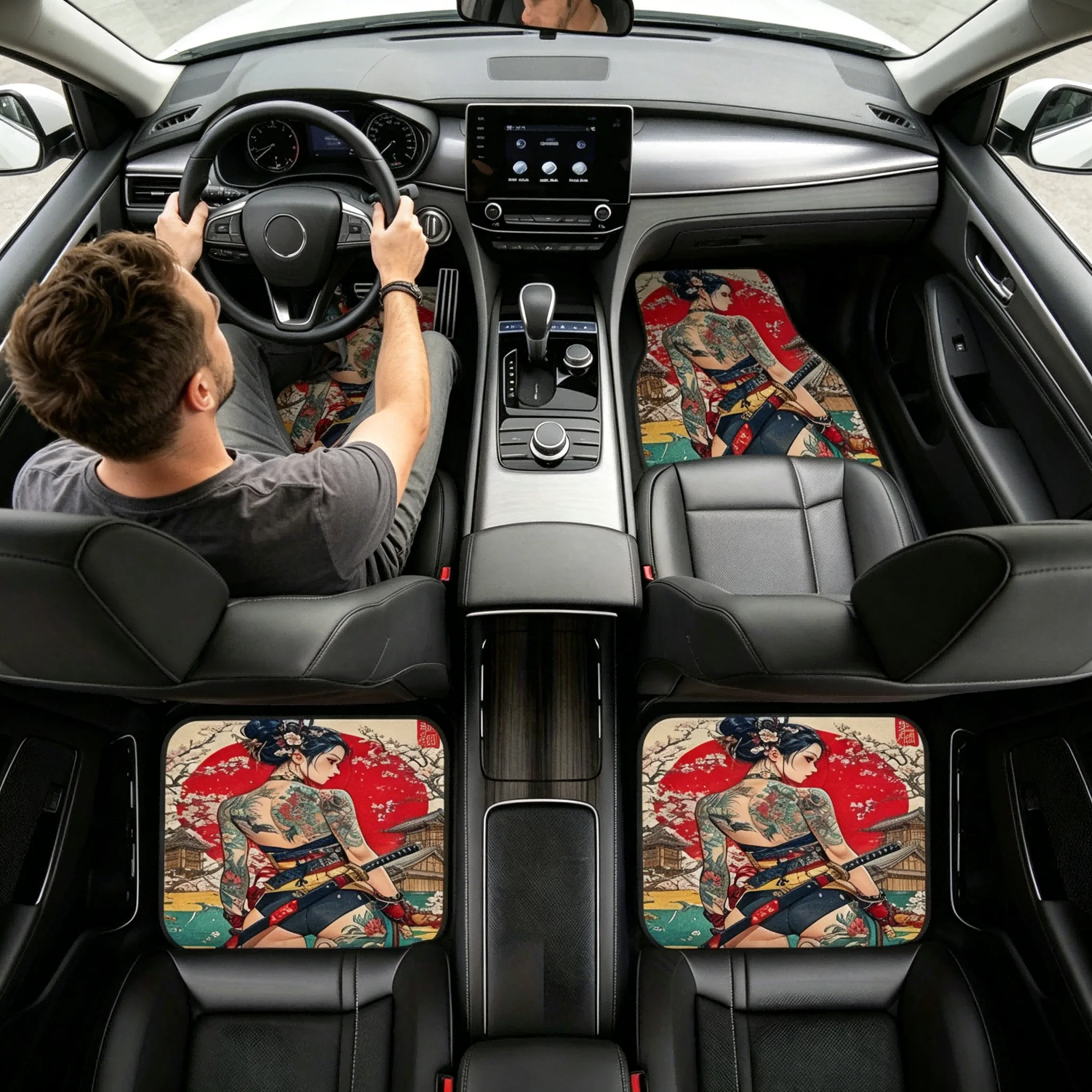 4Pcs Japanese Geisha & Samurai Cherry Blossom Car Mats, Crystal Velvet, Universal for Sedan Van SUV, Stylish Gift Men & Women