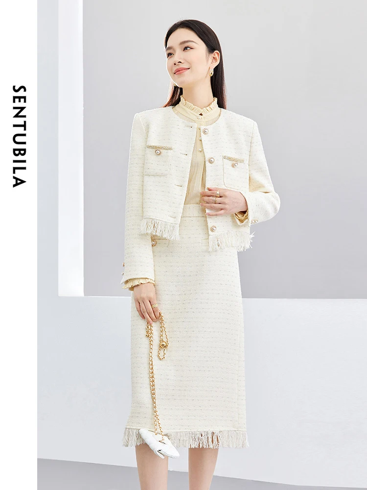 SENTUBILA Women Korean Fashion Tweed Jacket and Skirt Two Piece Sets 2024 Spring Elegant Outfits Tassel Matching Set 141Z53318