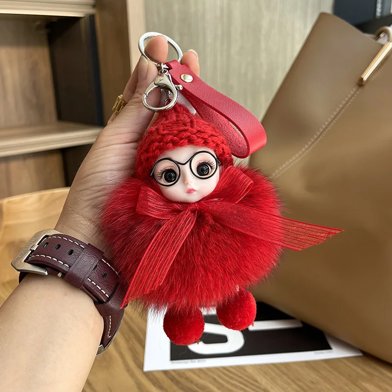 Cute Big Eyes Barbie Doll Pom Pom Keychain Real Fox Fur Pendant Women's Bag Car Keychain Girl Gift Pendant Plush Doll Keychain