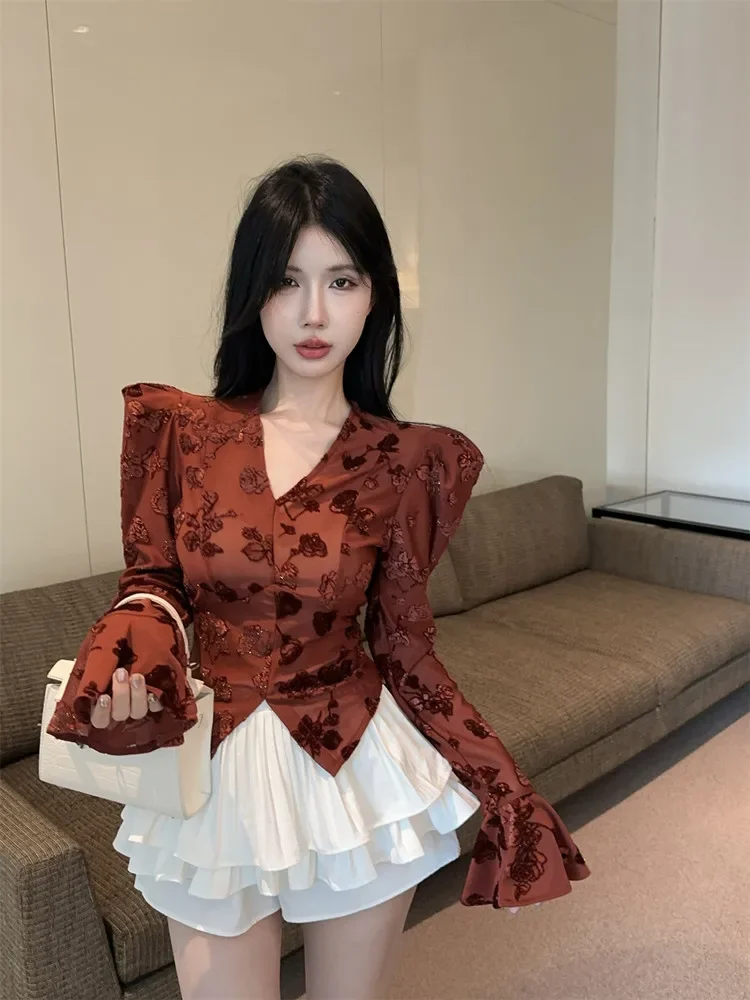 Vintage Dark Pattern Jacquard V-neck Fashion Blouse for Women Autumn Flared Sleeves Chic Top Feminine Korean Style Elegant Shirt