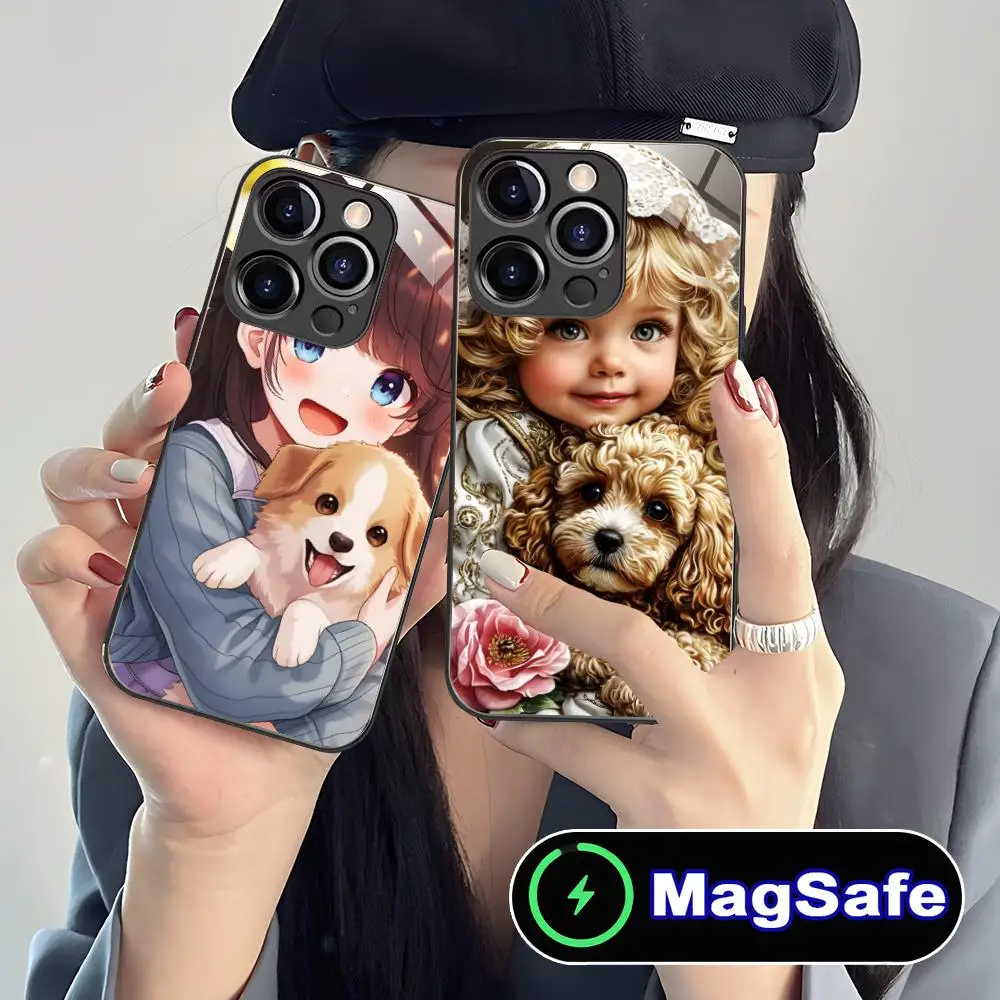 

Чехол для мобильного телефона Girl Dog Puppy для iPhone 16, 15, 14, 13, 12, 11 Pro Max Plus Mini MagSafe, стеклянный цветной защитный чехол для смартфона