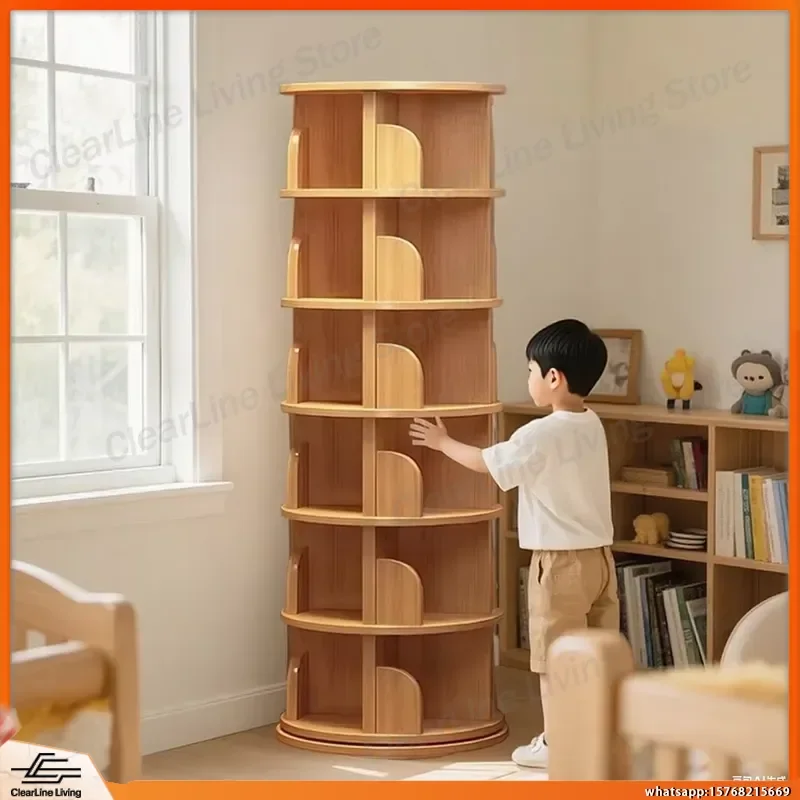 

Modern Solid Wood Floor Bookshelf 8 Layer Storage Rack with 360 Degree Rotation for Home Office Bedroom Living Room Study