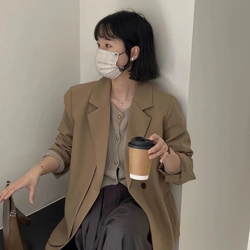 春秋エレガントグレーレディースブレザー ジャケット 2026新作 長袖シングルボタン オフィスレディー ルーズアウター 女性用