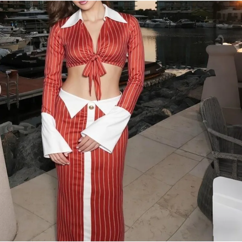 

American Retro Film Expensive Women's Striped Straps Long-sleeved Top Women's Lapel Long Skirt Fashion Suit