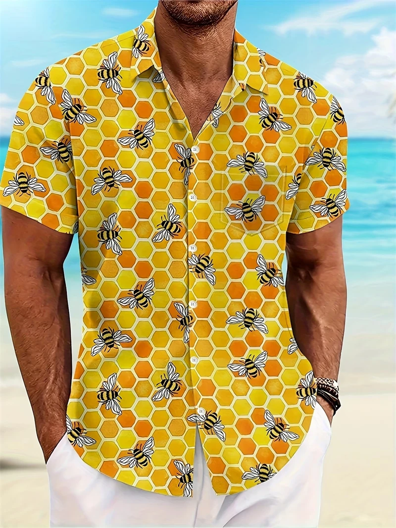 

Men's Bee Hawaiian Shirt Fashion 3D Cute Animal Bee PrintCasual Short Sleeve Button Down Lightweight Summer Shirt For Men Women