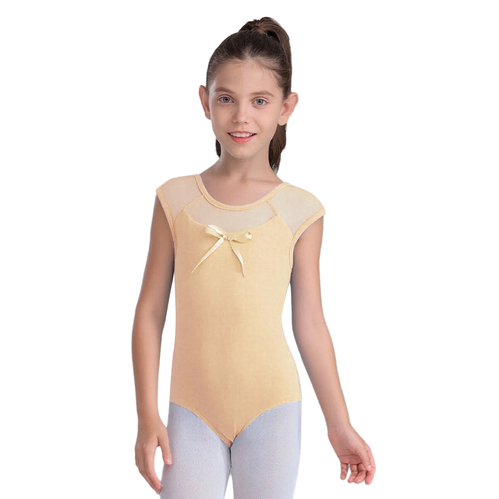 

Kids Girls Ballet Leotard Bow Knot Cutout Back Sleeveless Sheer Mesh Patchwork Bodysuit for Ballet Dance Competition Costume