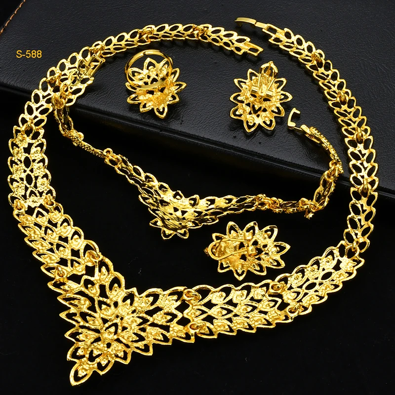 Dubai Luxurious Gold Color Jewelry Set Leaf Necklaces For Women Bride Earrings Rings Indian Nigerian Wedding Jewelery Set Gifts