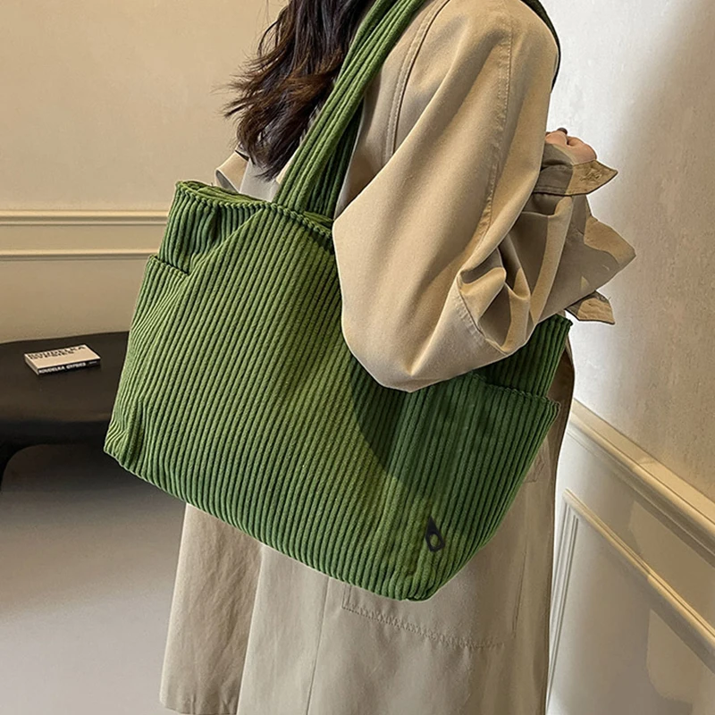 Casual Soft Corduroy Shoulder Tote Bag, Lightweight Multi-space Handbag for Office Work, Weekend Outings and Errands view 6