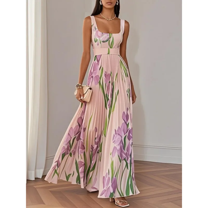 2025 Elegant Summer Maxi Dress Women Floral Print Sleeveless Pleated A-Line Long Dress Square Neck High Waist Party Vacation New