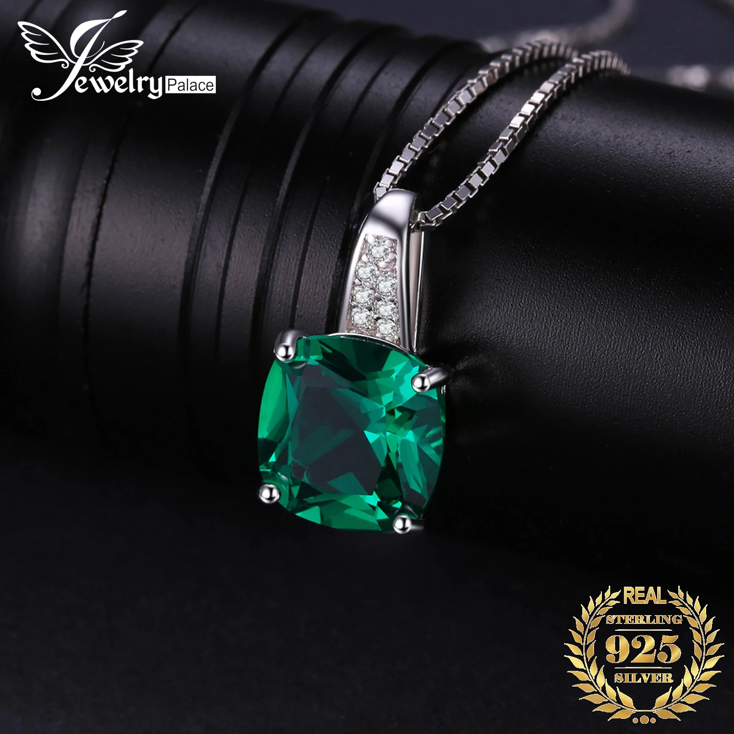 JewelryPalace Simulated Nano Green Emerald Created Ruby 925 Sterling Silver Pendant Necklace Women Gemstone Solitaire No Chain