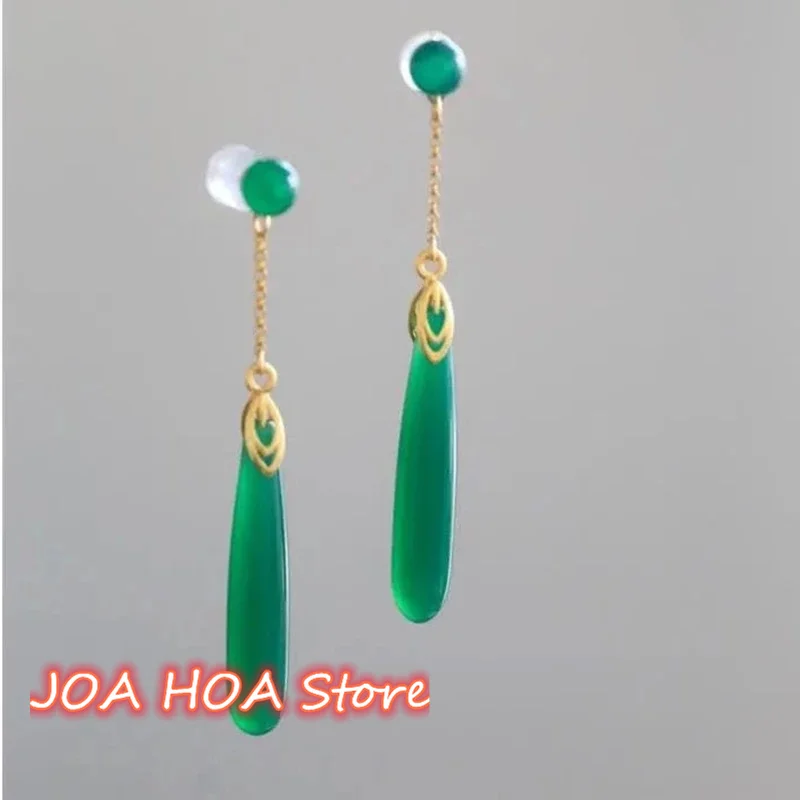 Original New Silver Inlaid Natural Green Chalcedony Geometric Earrings Retro Design Charm Ladies Jewelry