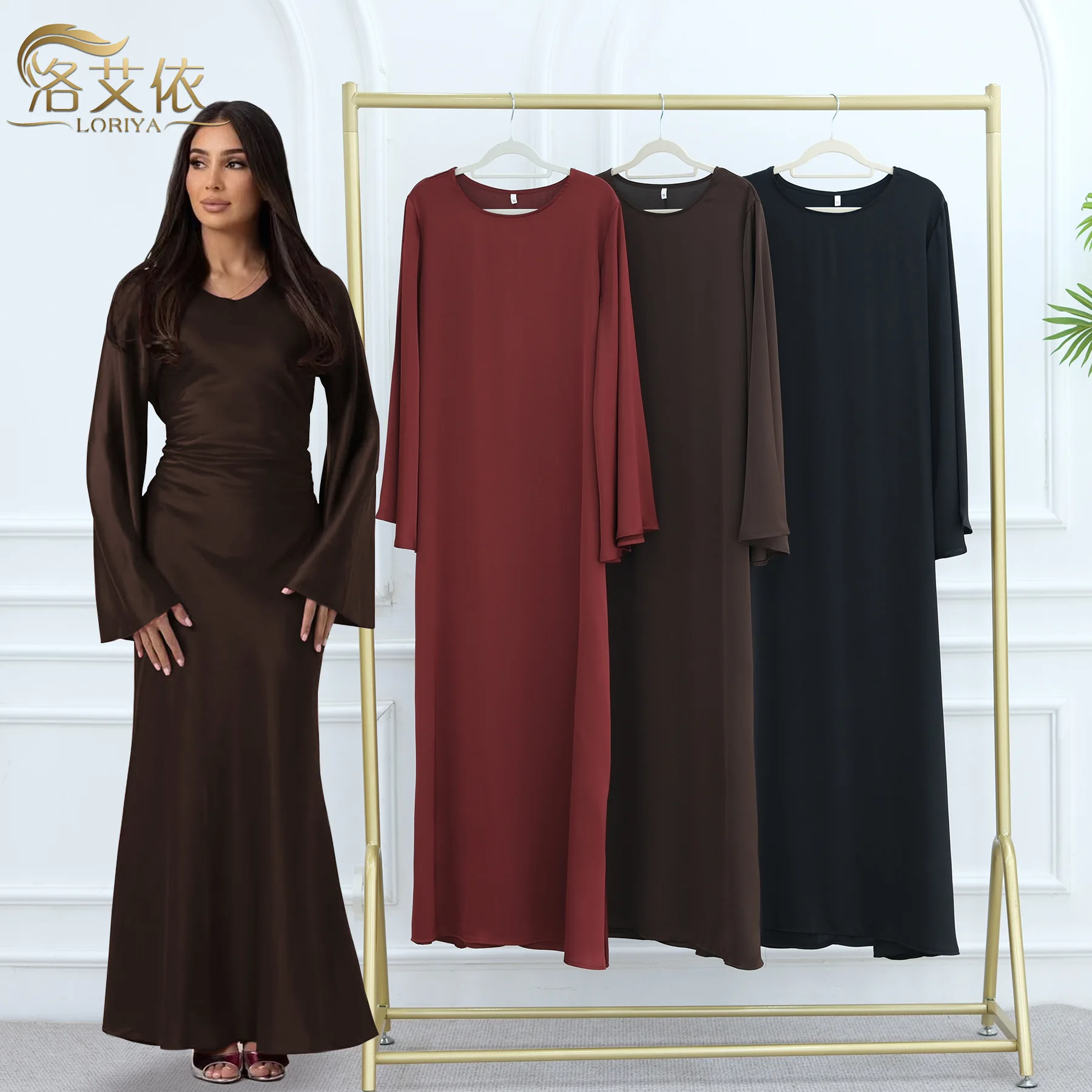 

Turkey Arab 2026 New Fashion Women's Solid Color Simple Basic Casual Trendy Daily Slim Long Sleeve O-neck Dresses Female Clothes