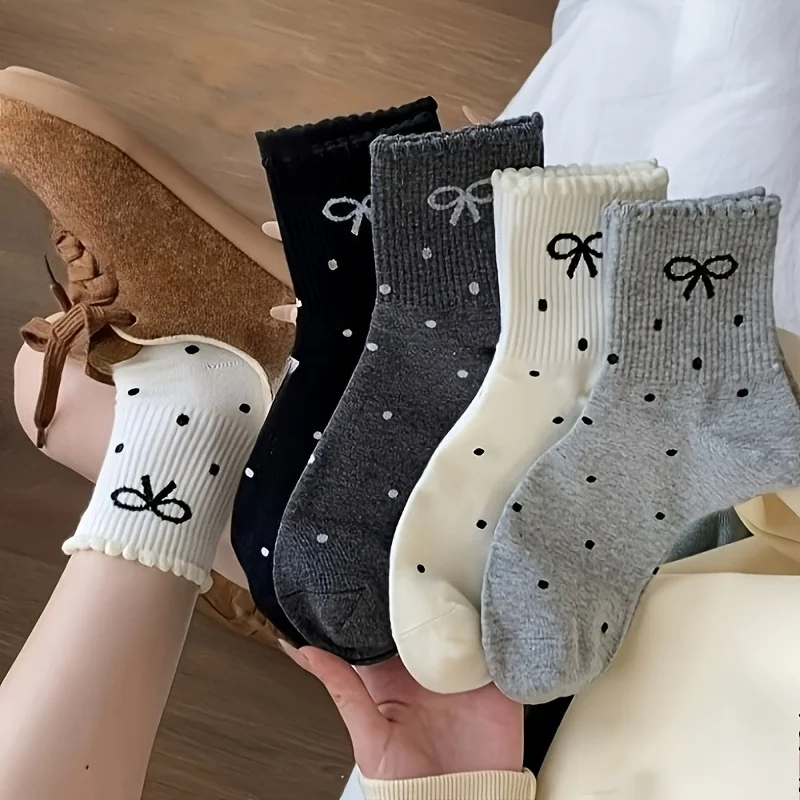 4 Pairs of Women's Lace Socks with Small Polka Dot Bows, Versatile Soft Instagram-style Socks