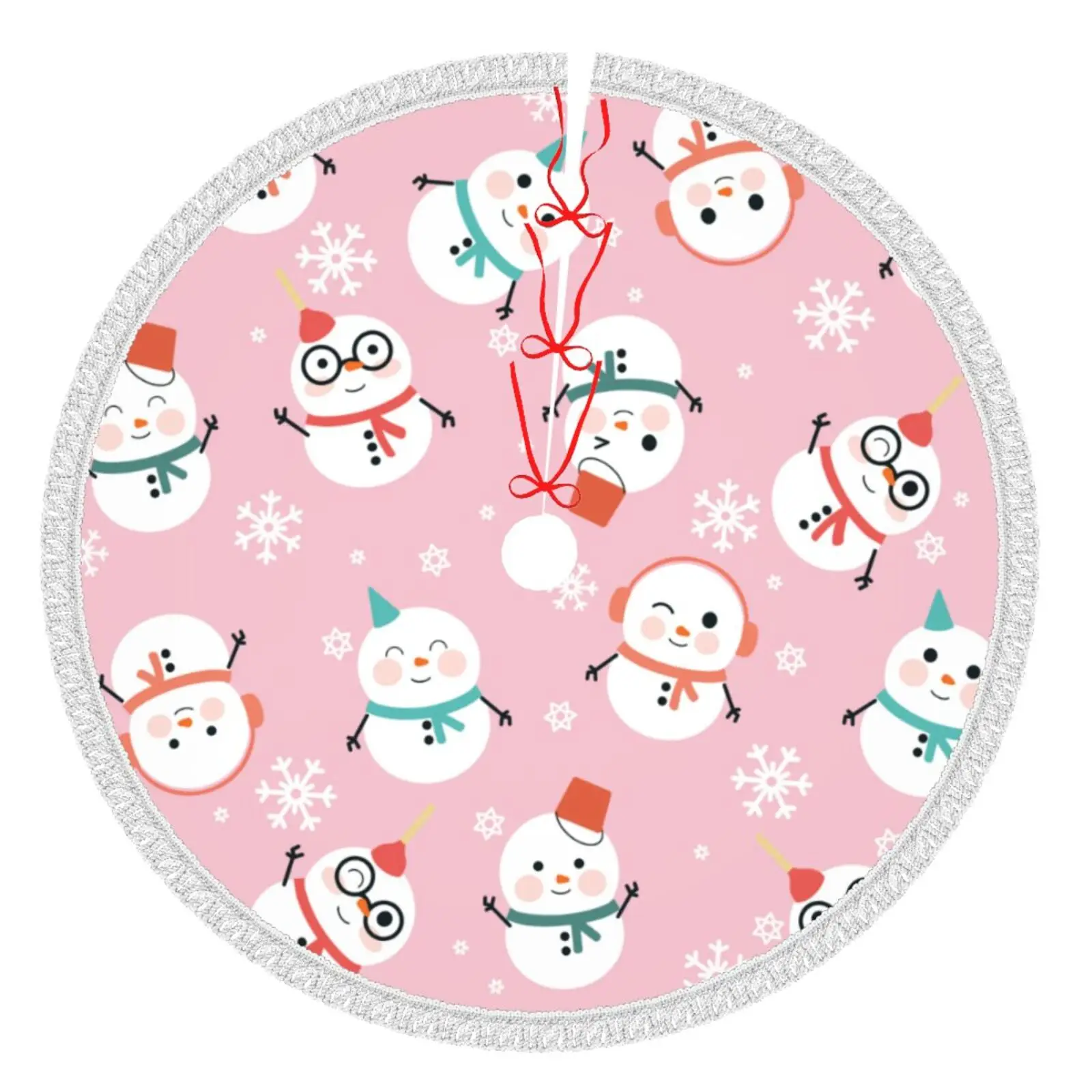 

Christmas Tree Skirt Cover Decorations 36 Inch Pink Snowflake Snowman Xmas Unique Tree Collar Skirt for Floor Mat Home Decor