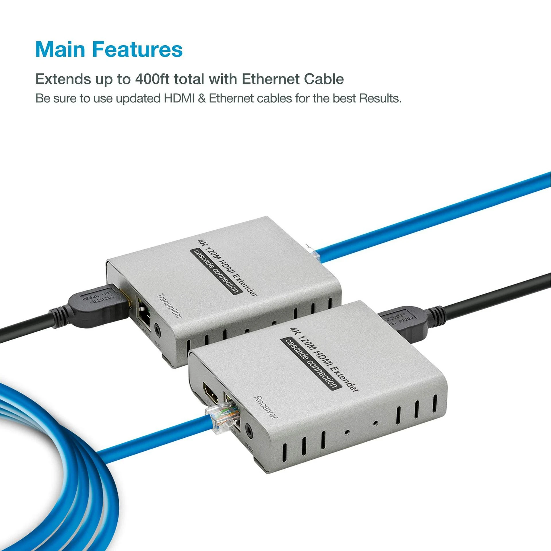 4K 120M HD Ethernet Extender Via Cat5e Cat6 RJ45 Cable Video Transmitter Receiver Converter Support 1 to N Cascade Connection