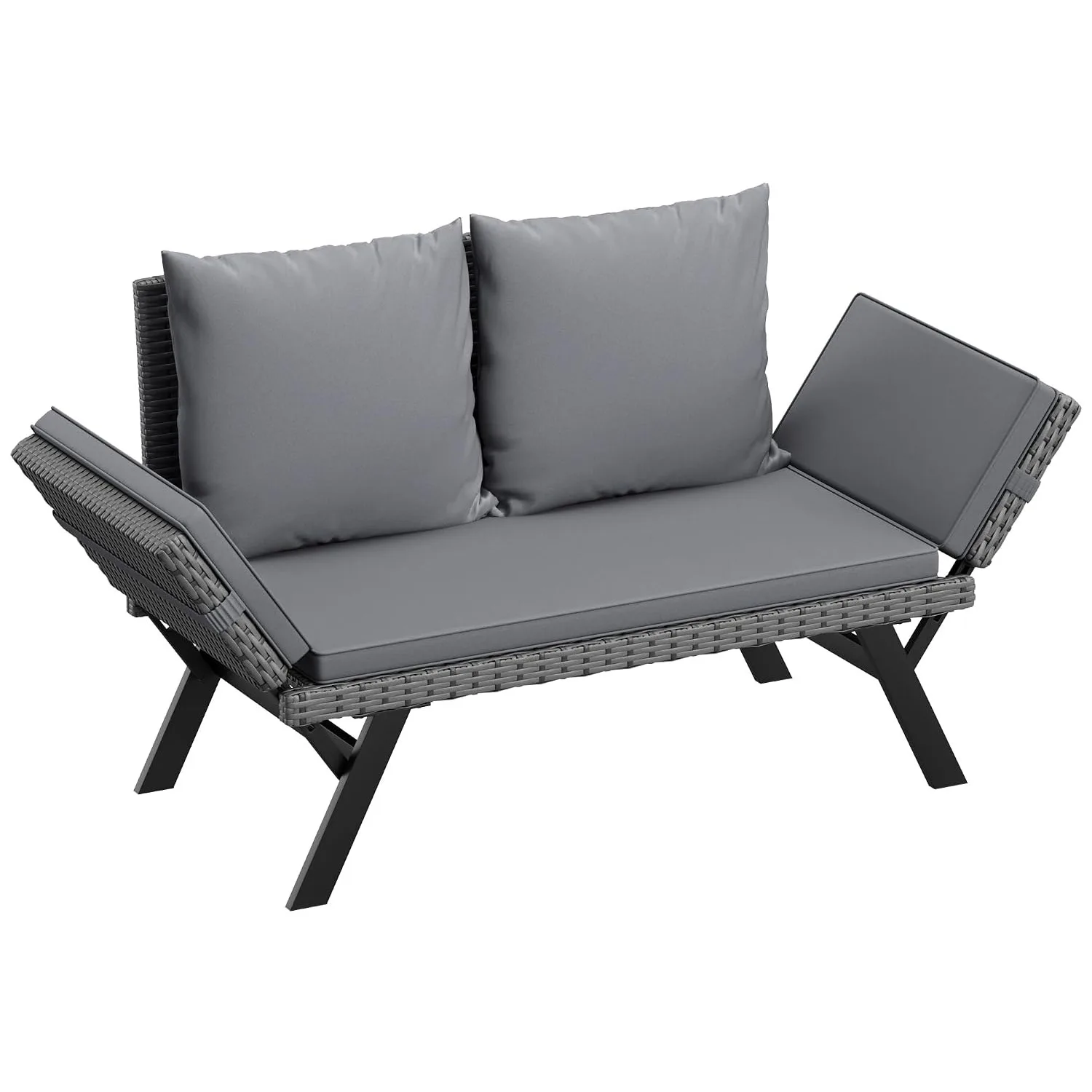 Adjustable Armrest Woven Rattan Convertible Outdoor Sunbed Sofa Removable Cushions For Patio, Custom
