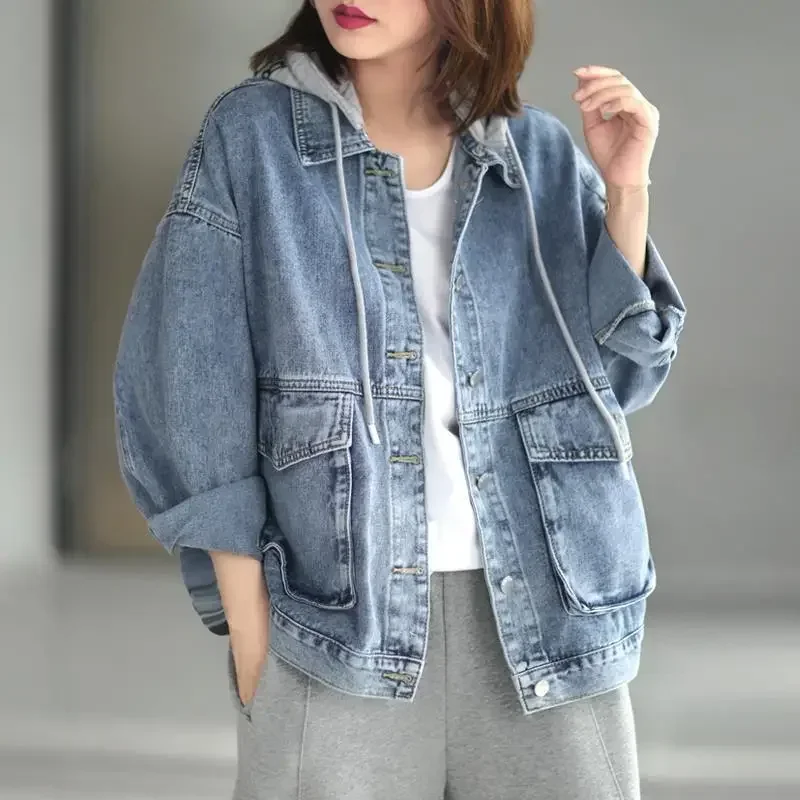 Jaqueta jeans coreana para as mulheres, solto e emagrecedor, oversize, com capuz, vintage, sólido, para a primavera, novo