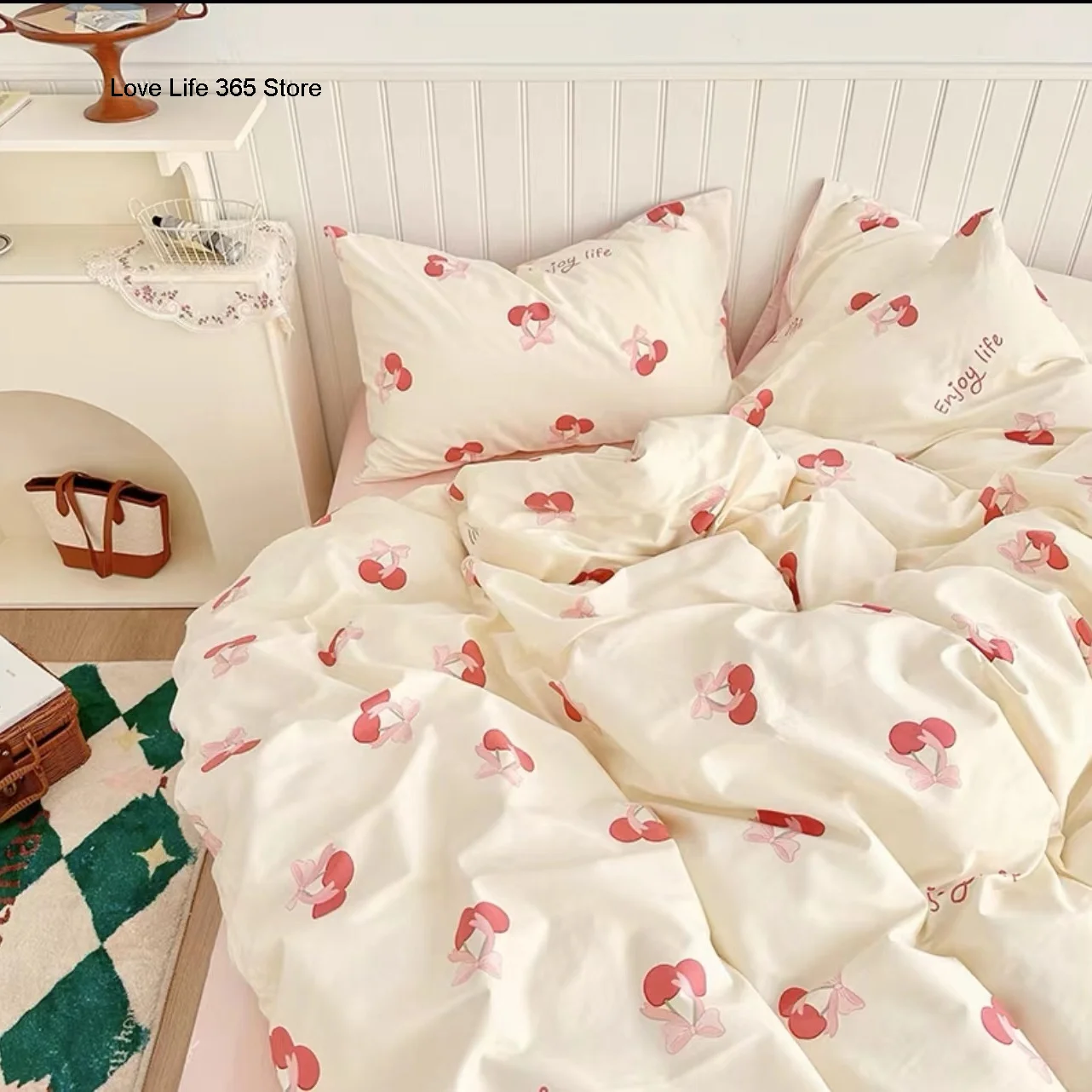 

Ins Cream Cherry Bedding Set Cartooon Fruit Duvet Cover Polyester high quality Linen Bedroom Decor Home Textile For Girls Kids