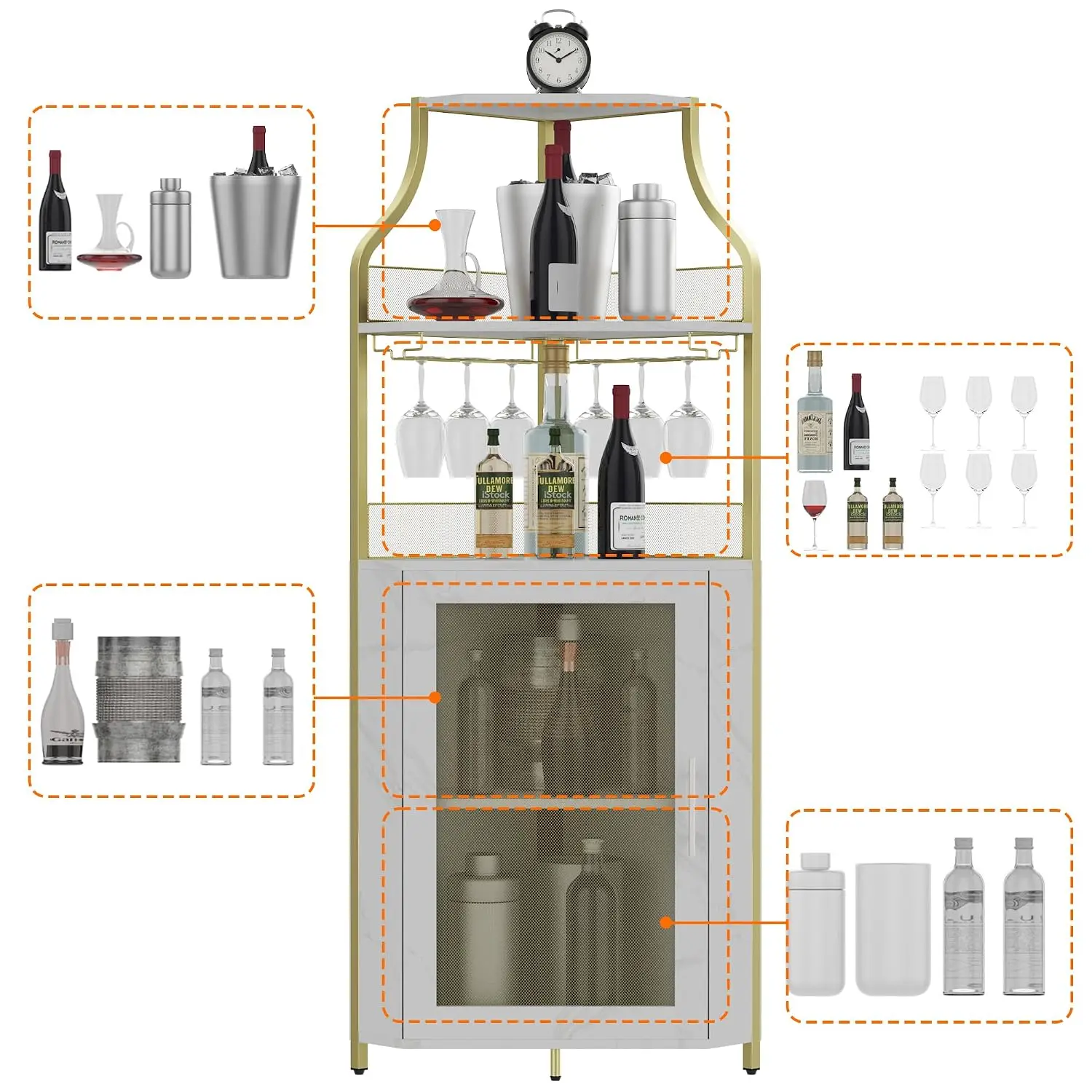 Corner Wine Cabinet with Removable Rack & Barn Door, Adjustable Shelves Bar Cabinet for Dining Living Room Kitchen, Customized