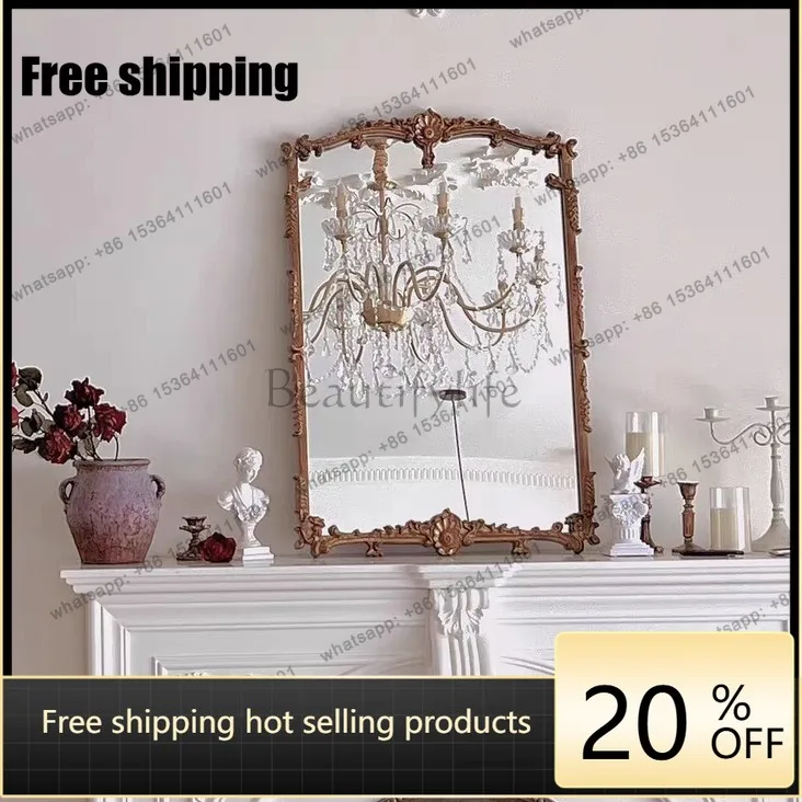 French retro makeup mirror wall-mounted smart LED European bathroom American carved fireplace decorative mirror