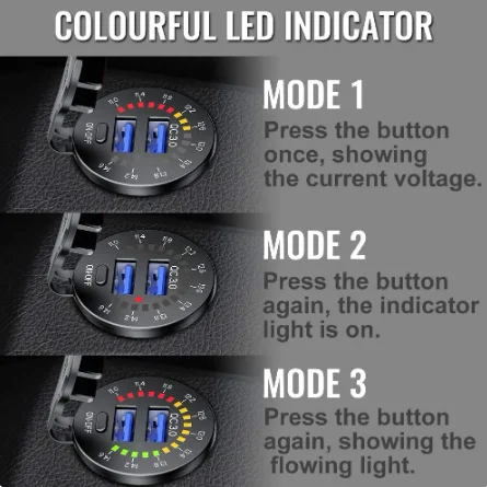 12V Quick Charge Socket Voltmeter Switch Waterproof 36W 6A Dual USB Outlet Fast Charger for 12V Car Boat Motorcycle Truck Golf
