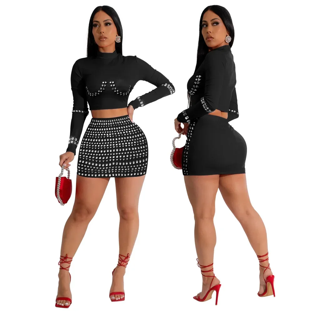 Women Sets Full Sleeve O-neck Crop Top +Hot Rhinestones Sexy Mini Skirt Suit Two 2 Piece Set Party Club Night Outfits