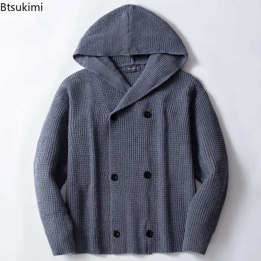 

New Men's Hooded Cardigan Jacket Double Breasted Design Autumn Winter Knitted Sweater Coats Leisure Streetwear Male Knit Hoodies