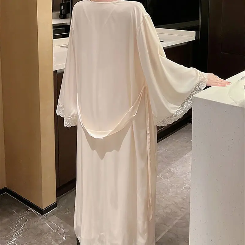 Long Princess Style Home Dress Suit Satin Women Sexy Lace Slip Nightgown Wedding Moring Gown Loungewear Long Kimono Bathrobe