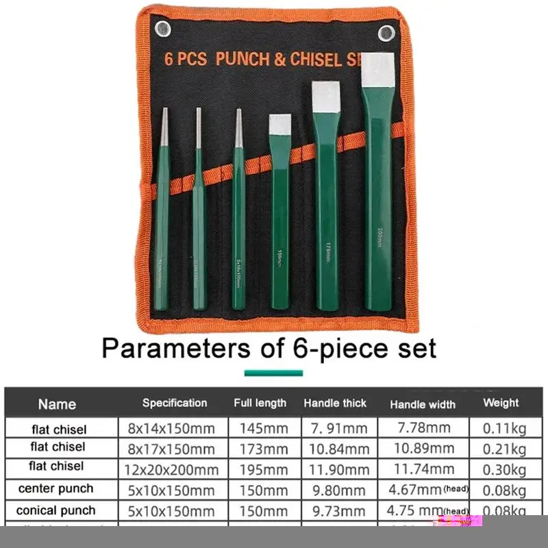 6Pcs Professional Chrome Vanadium Steel Chisel Round Head Center Punch High Hardness Metal Stone Flat Chisels Hand Tool Set