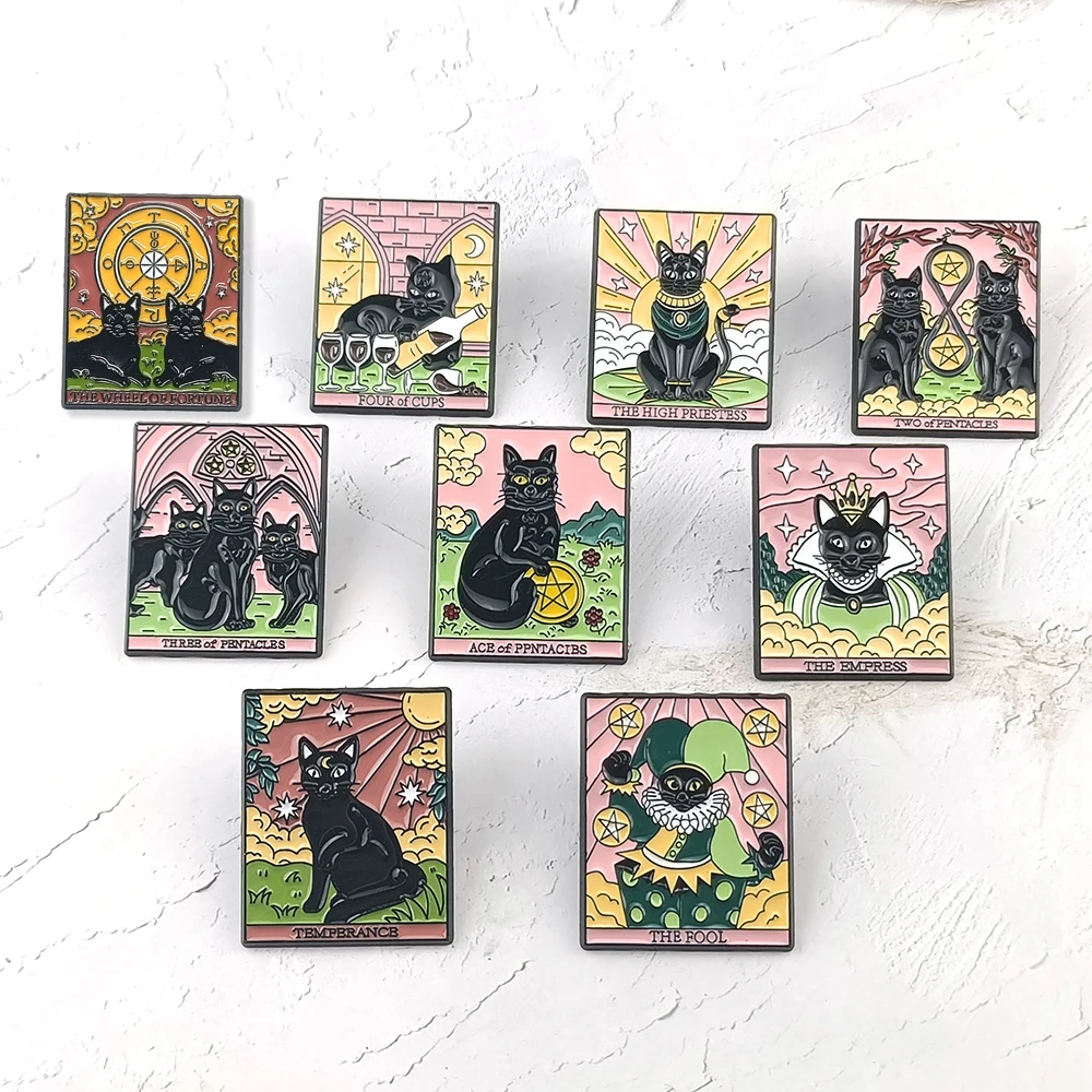 9 Style Punk Tarot Enamel Pin Black Cat Balance Occupying Sun Moon Compass Brooches Lapel Metal Badge Halloween Gift For Friends